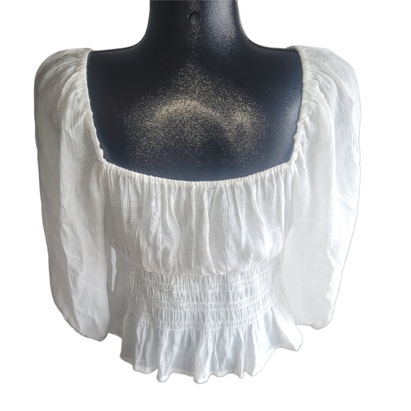 Mink Pink White Evelina Square Neck and Smocked Waistline Blouse L - Picture 6 of 7